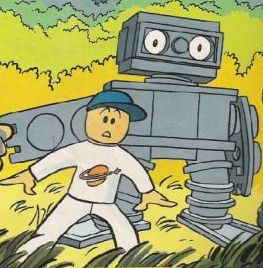 Jim Spaceborn e o robô companheiro numa aventura.